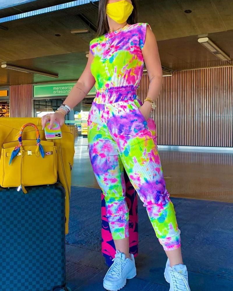 

Tie Dye Sleeveless Slim Tanks With Pants Suit Sets, Multicolor