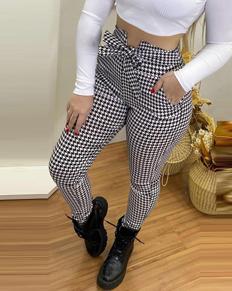 

Houndstood Print High Waist Pocket Design Pants, Black