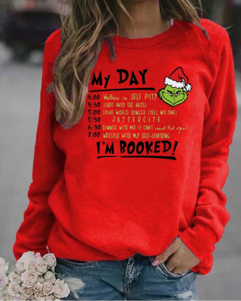 

Christmas Grinch Letter Print Long Sleeve Top, Red