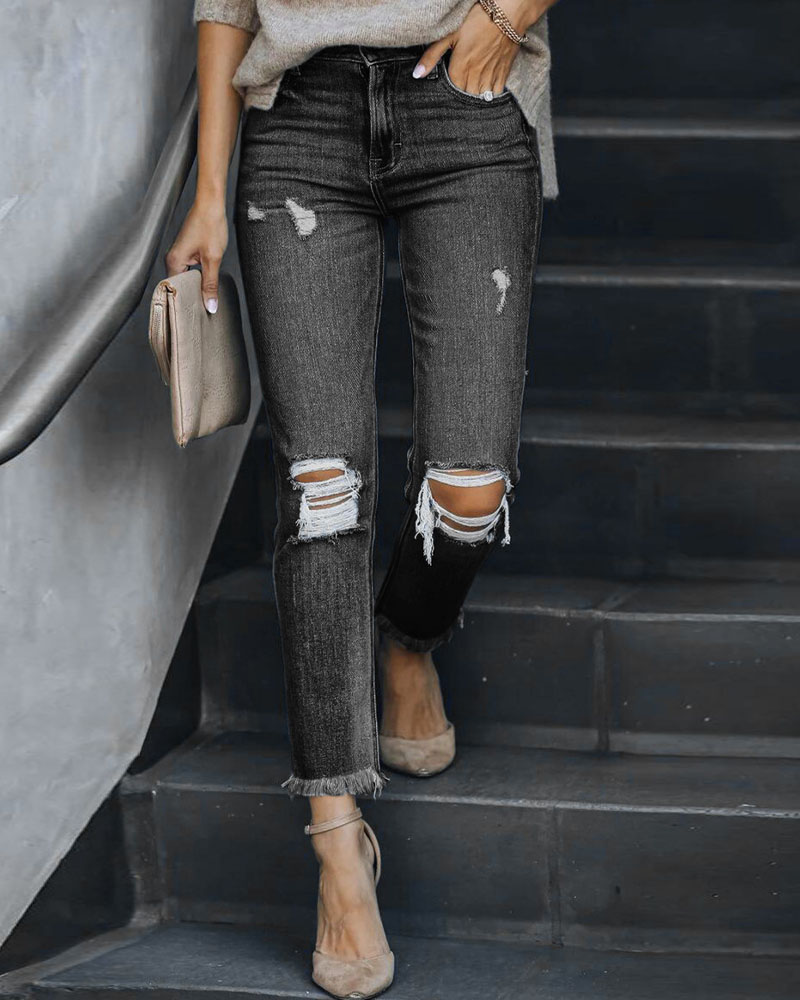 

Zipper Fly Cutout Ripped Raw Hem Skinny Jeans, Black