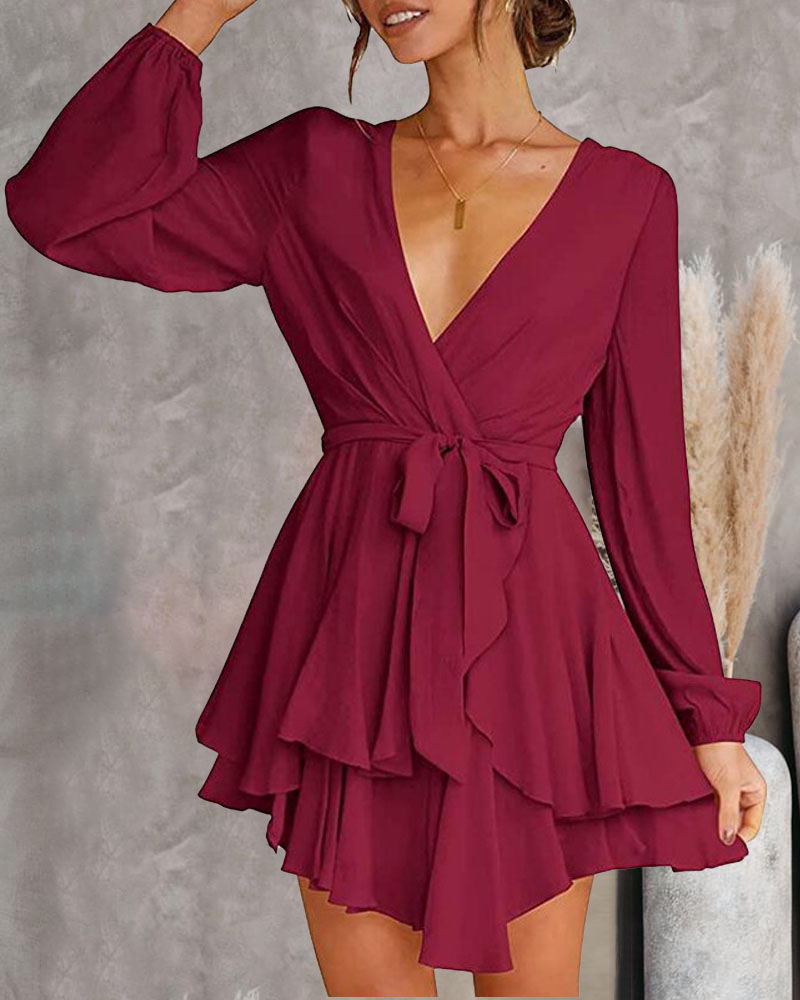 

Long Sleeve Overlap Collar Ruffle Hem Belted Casual Dress, Wine red