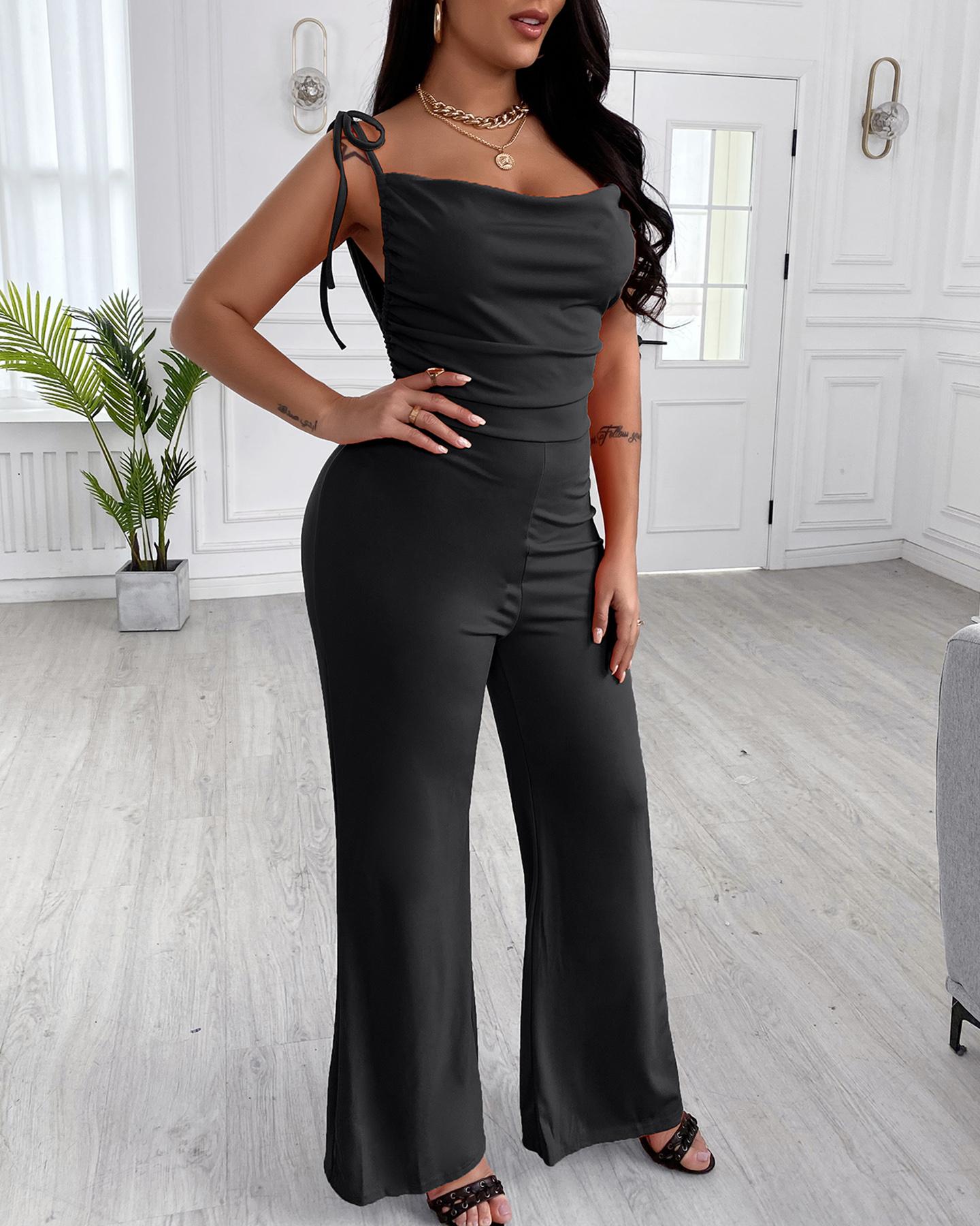 

Tied Detail Backless Ruched Jumpsuit, Black