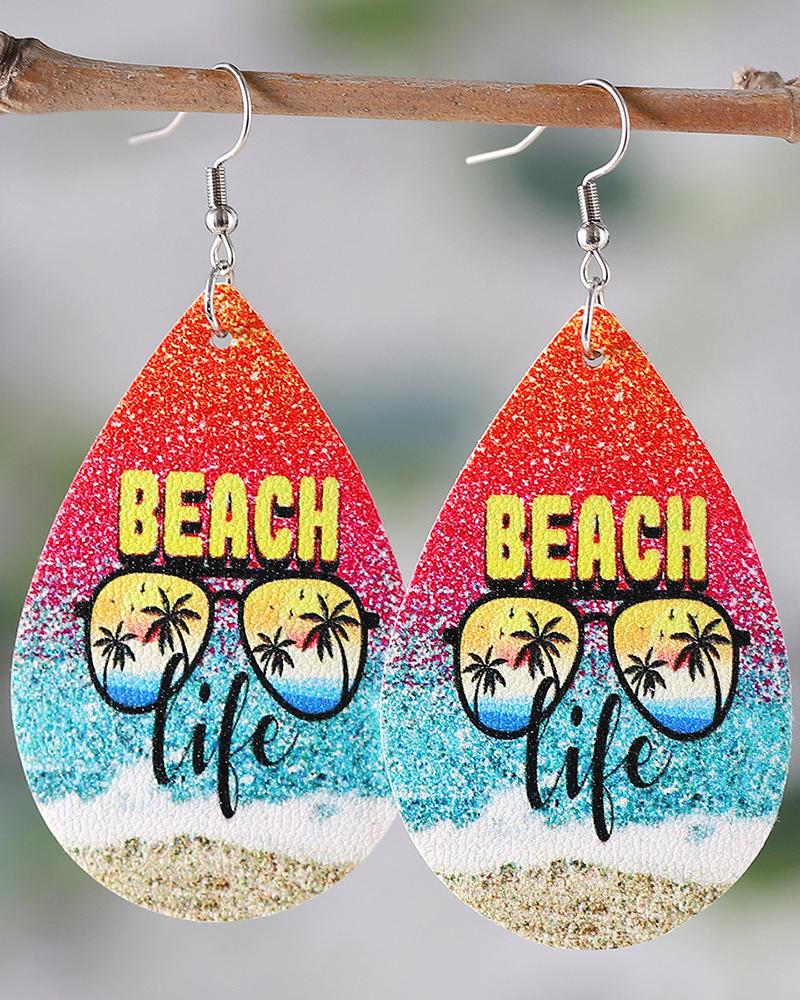 

1Pair Coconut Tree Landscape Beach Print Waterdrop Earrings, Multicolor