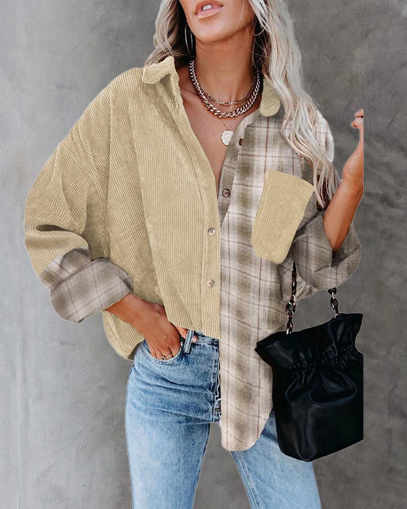 

Contrast Plaid Long Sleeve Button Front Shacket, Beige