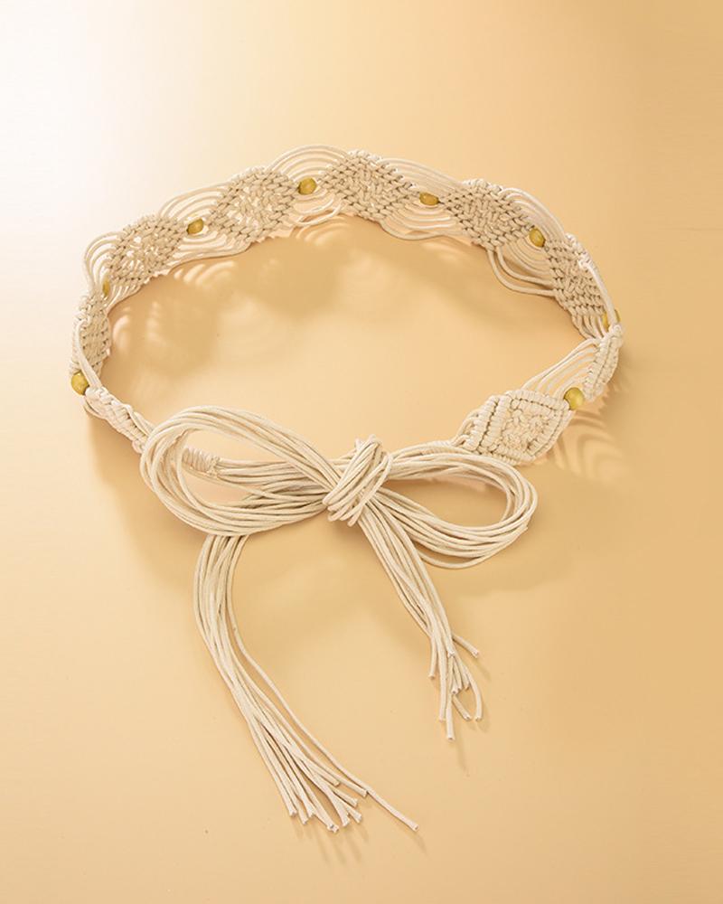 

1pc Beaded Decor Braided Belt, Beige