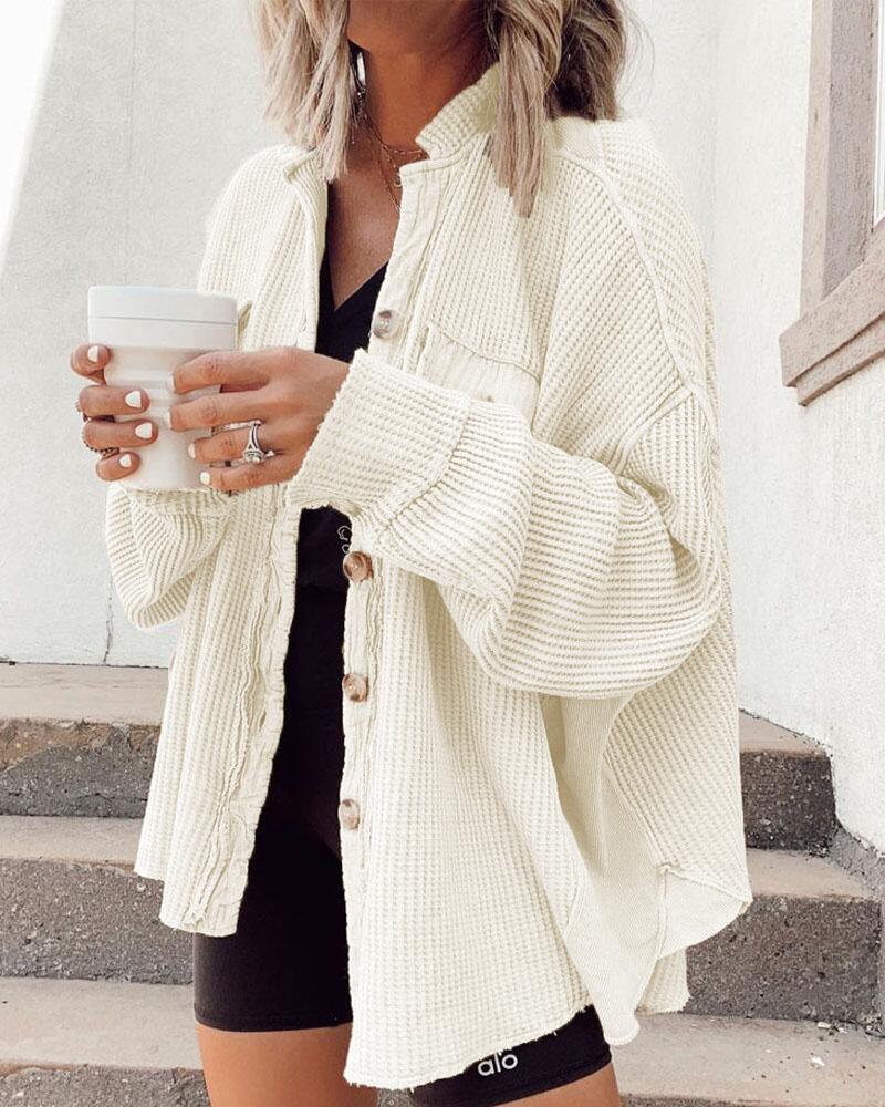 

Batwing Sleeve Button Front Waffle Knit Shacket, Apricot