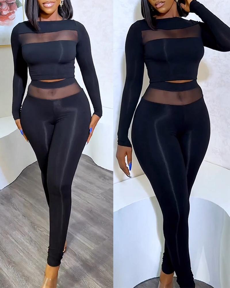 

Sheer Mesh Boat Neck Crop Top & Pants Set, Black