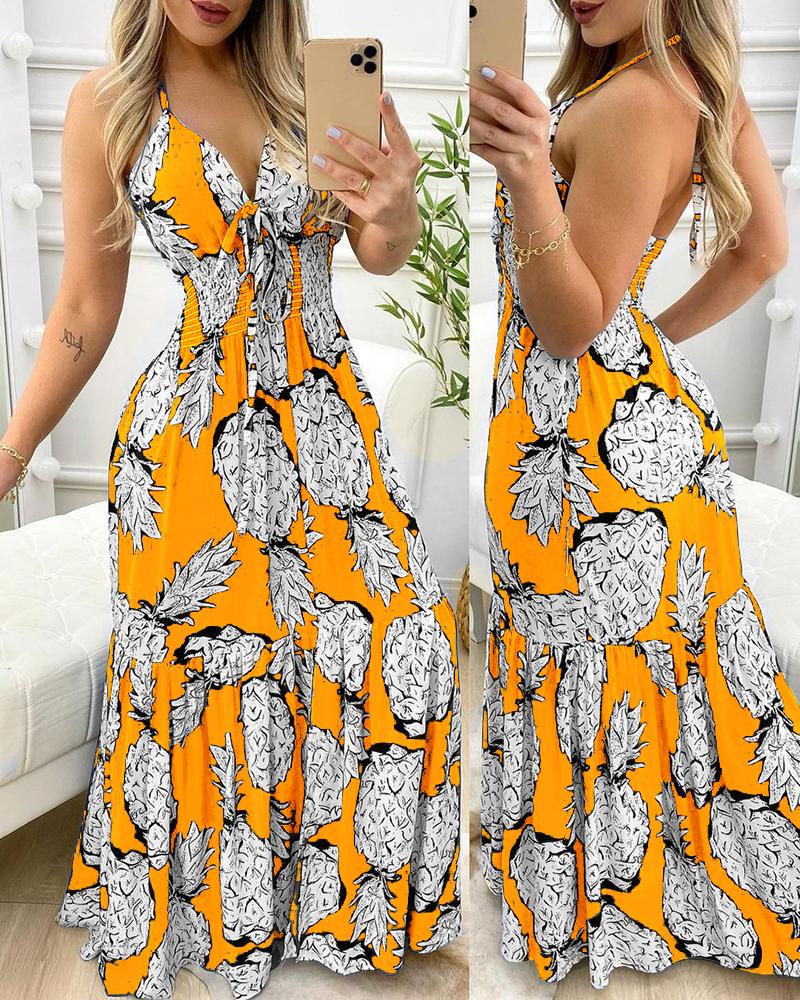 

Pineapple Fruit Print Halter Ruffle Hem Beach Maxi Dress Women Casual V Neck Sexy Backless Dress, Yellow