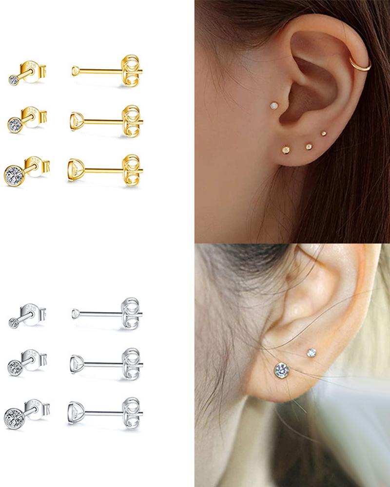 

3pcs Minimalist Rhinestone Stud Earrings Set, Silver