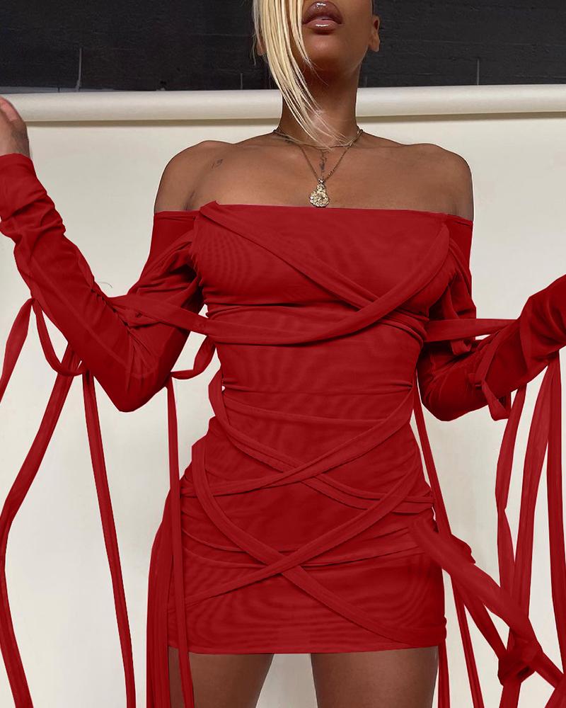 

Off Shoulder Long Sleeve Strappy Bodycon Dress, Wine red