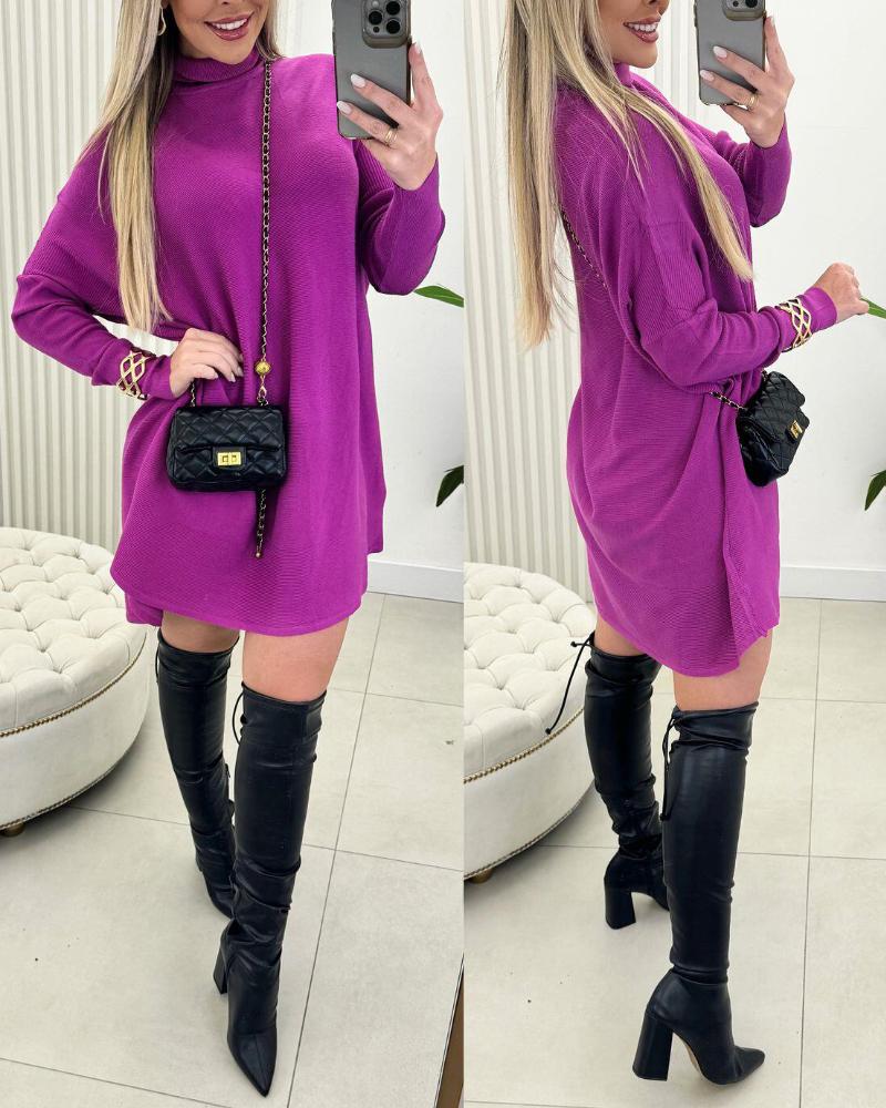 

High Neck Batwing Sleeve Sweater Dress Knitted Casual Dress, Purple