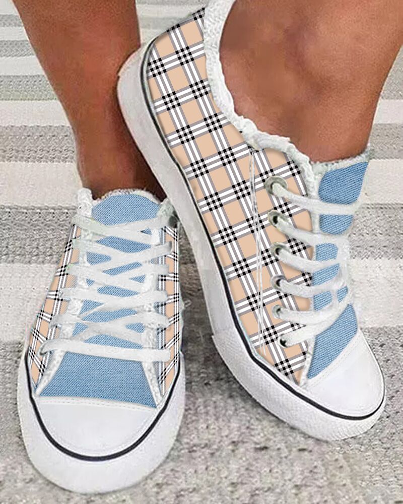 

Plaid Print Colorblock Raw Hem Canvas Sneakers, Apricot