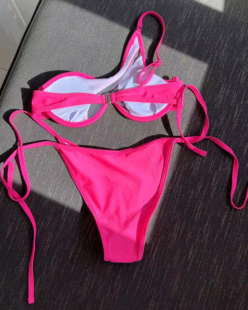 

Contrast Mesh One Strap Tied Detail Bikini Set, Hot pink
