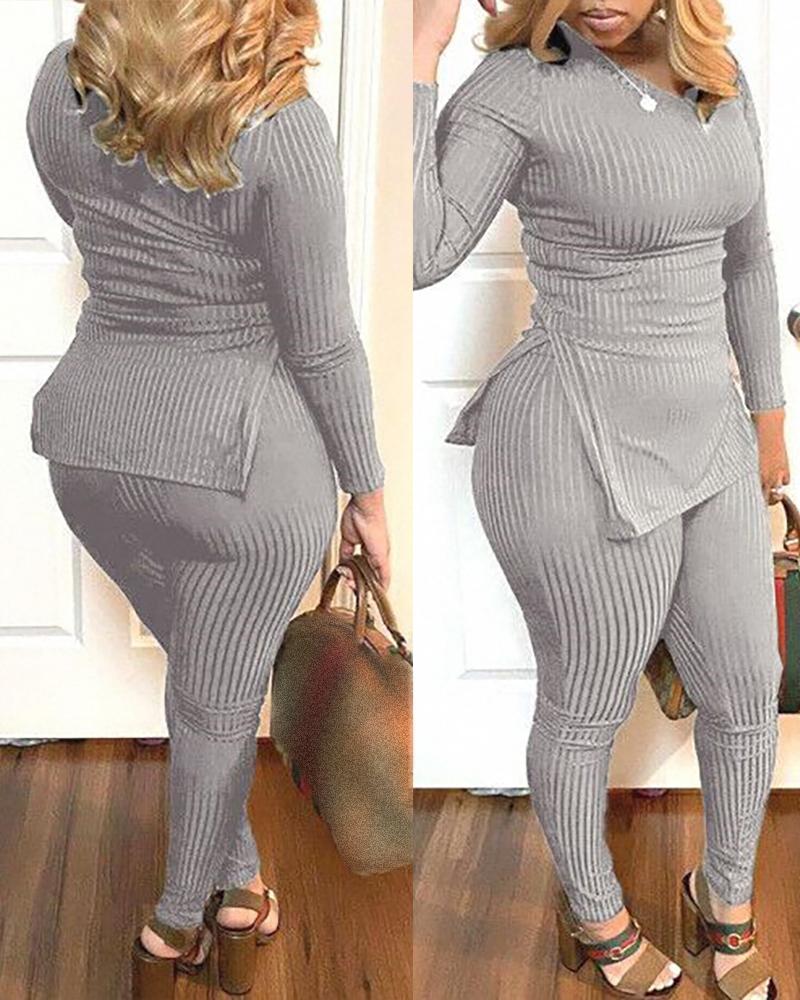 

Knit Slit Long Sleeve Top & Pants Set, Gray