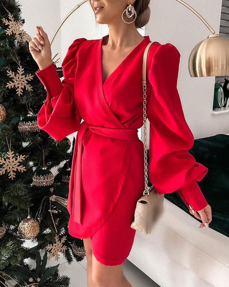 

Puff Lantern Sleeve Belted Work Dress, Red