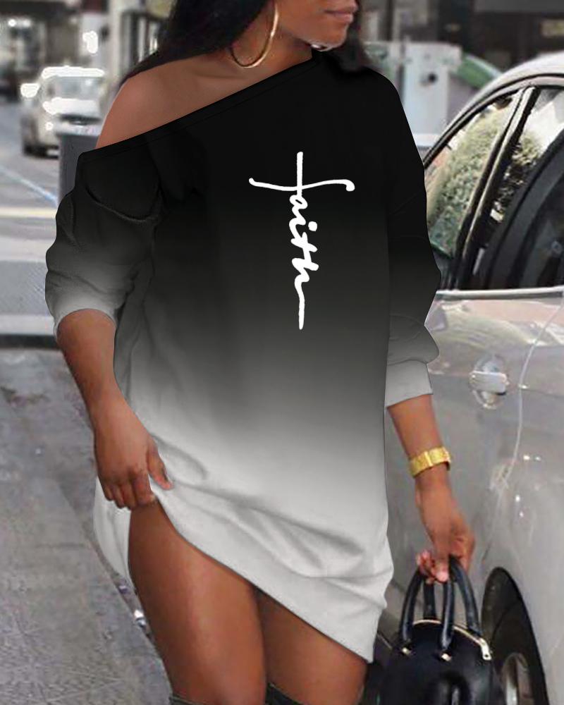 

Letter Print Ombre Long Sleeve Casual Dress, Blackwhite