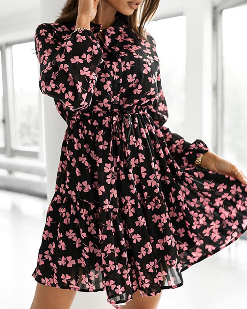 

Long Sleeve Floral Print O Neck Casual Dress, Black