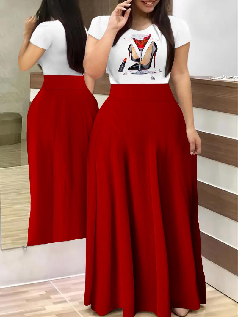 

Plus Size Wine Glass Graphic Print Maxi Dress, Red
