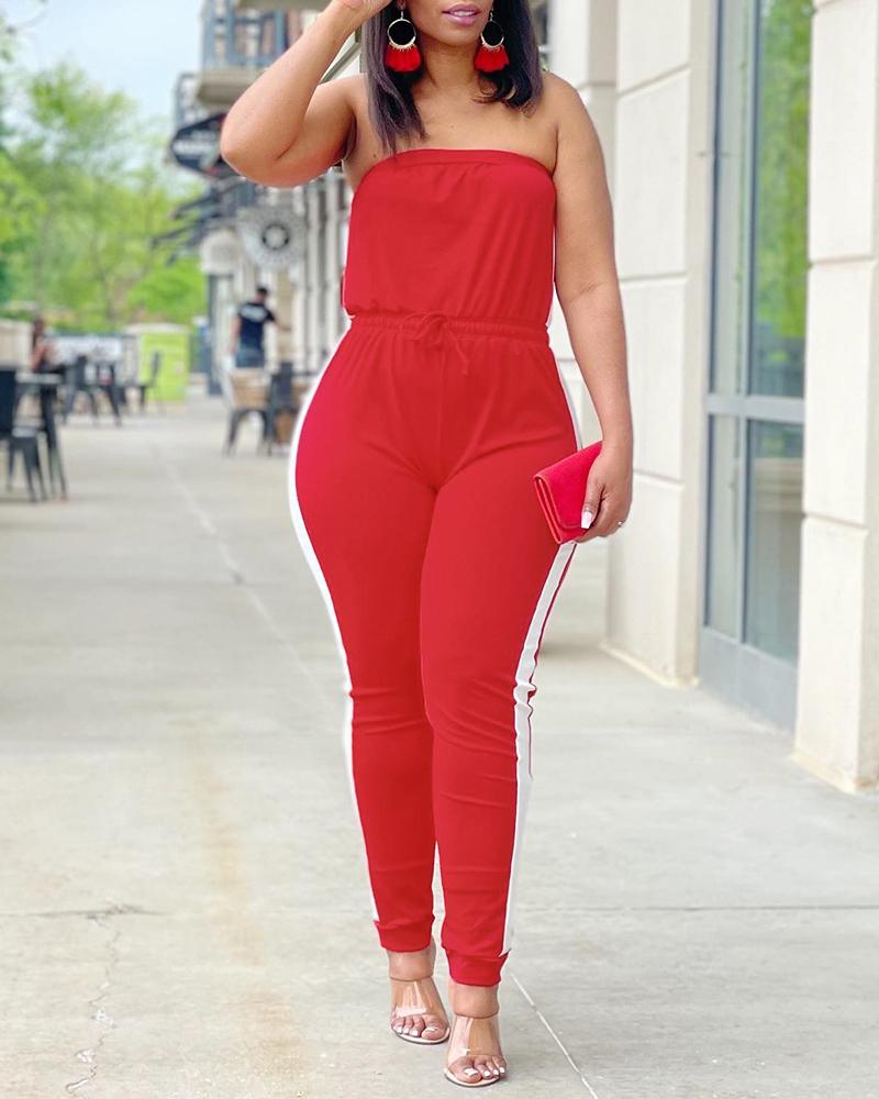 

Contrast Paneled Bandeau Drawstring Jumpsuit, Red