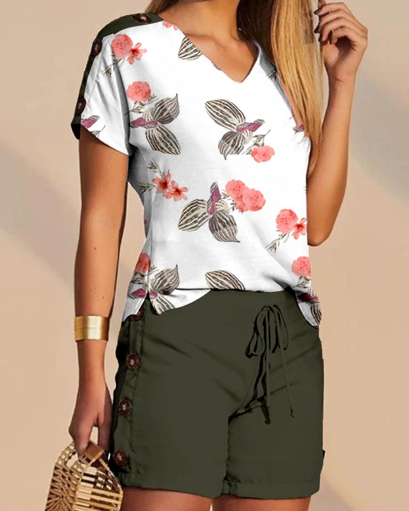 

Tropical Print Buttoned T-shirt & Drawstring Shorts Set, Green