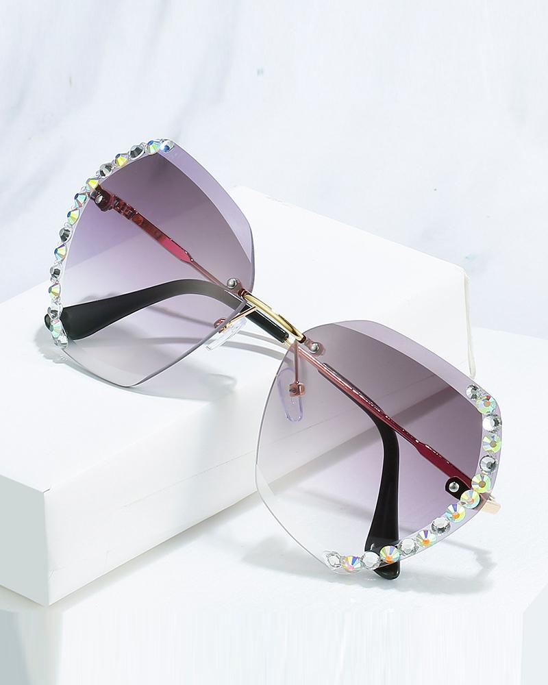 

1Pair Ombre Lens Rhinestone Irregular Rimless Sunglasses, Gray