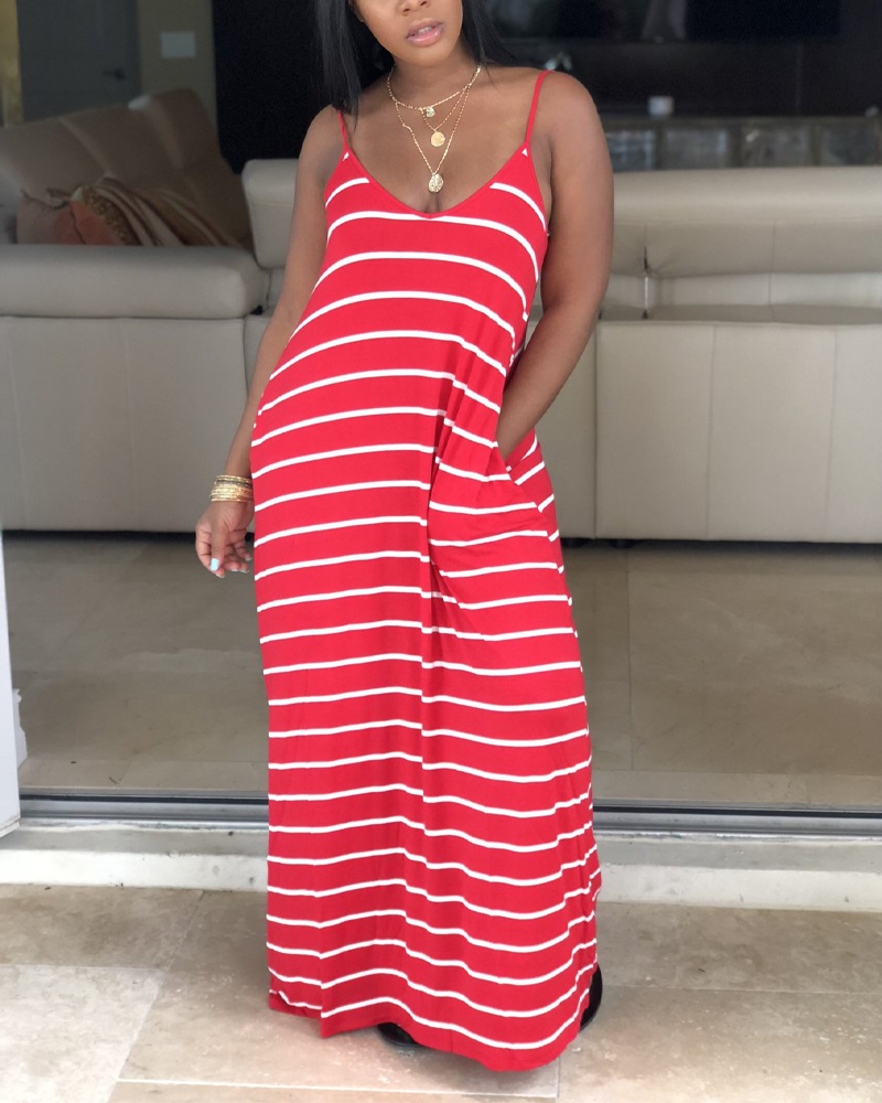 

Striped Deep V-Neck Pocket Design Maxi Dress, Red