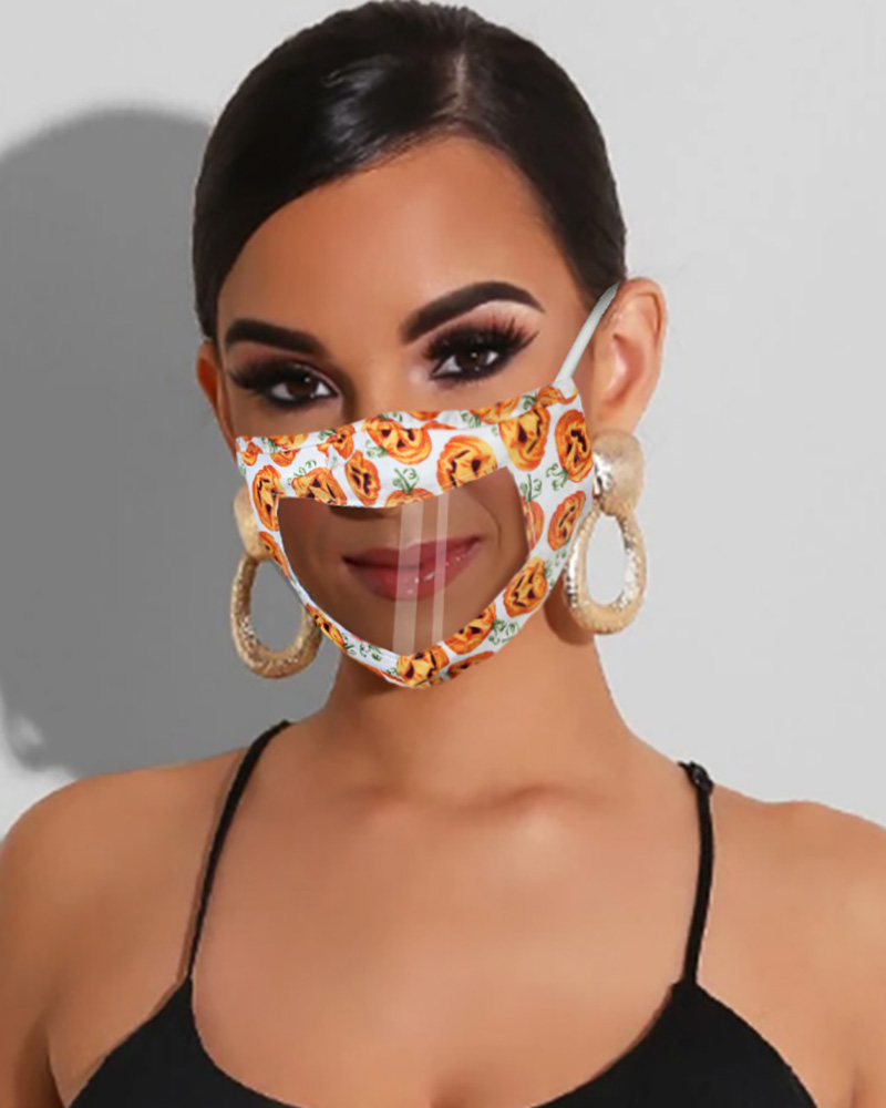 

Halloween Pumpkin Skull Print Visible Face Mask, Style6