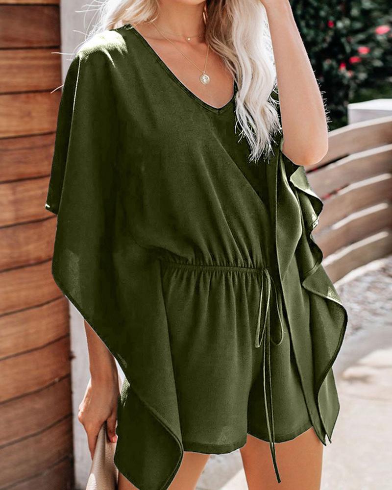 

Ruffles Hem Drawstring Casual Romper, Army green