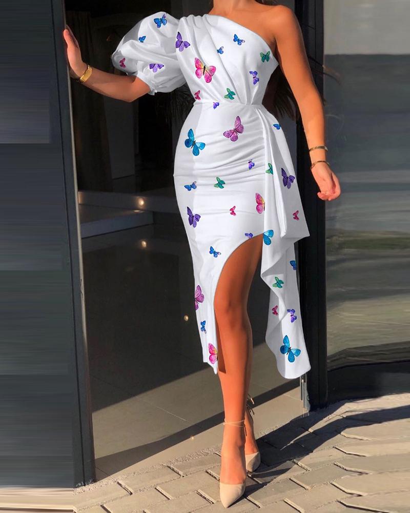 

Puff Sleeve Ruched Butterfly Print Slit Ruffles Dress, White
