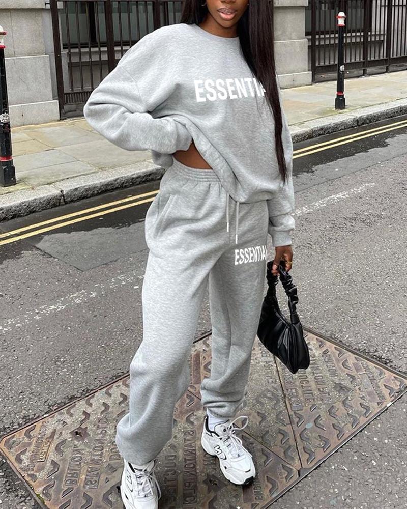 

Letter Print Long Sleeve Casual Top & Pants Set, Gray