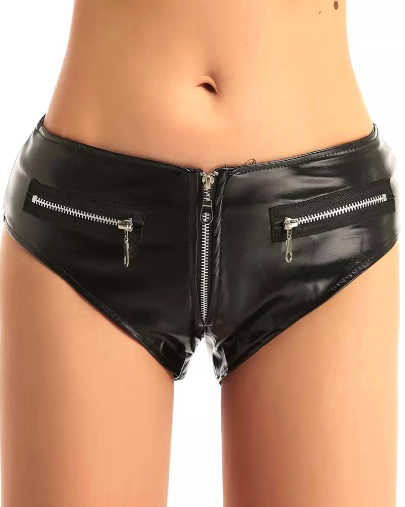

Crotchless Zipper Decor PU Leather Panty, Black