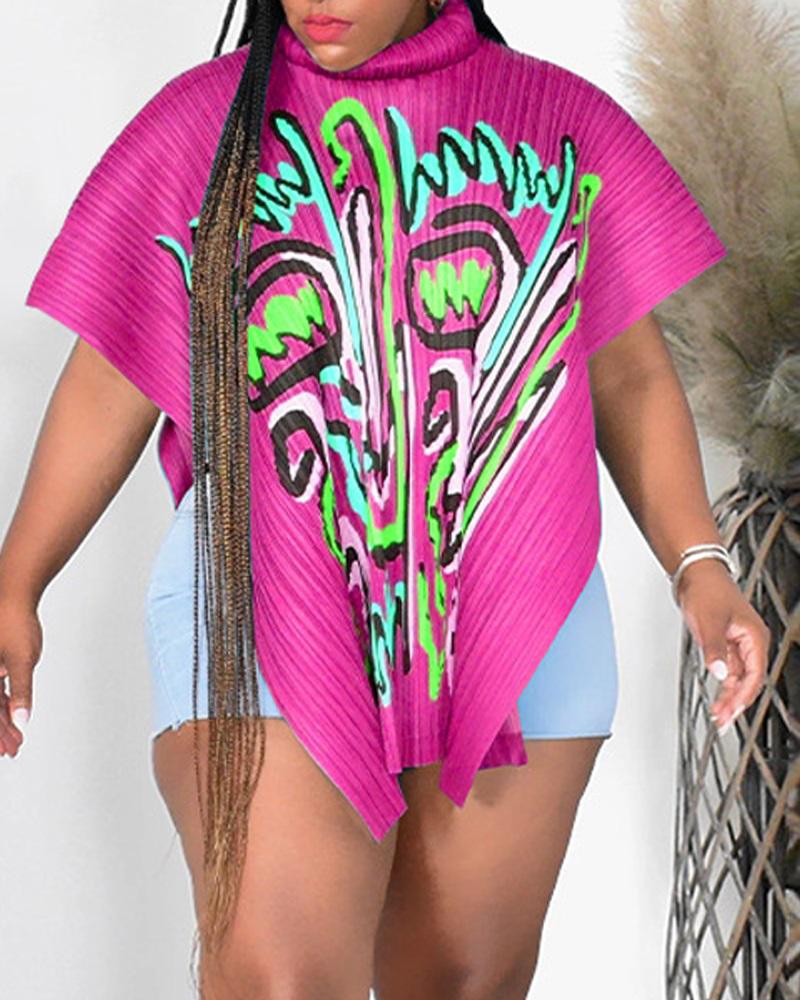 

Abstract Print Batwing Sleeve Asymmetrical Top, Hot pink