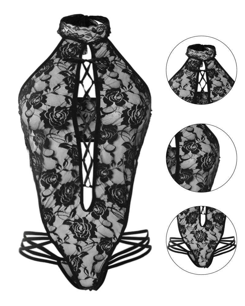 

Crochet Lace Sheer Mesh Lace-up Teddy, Black