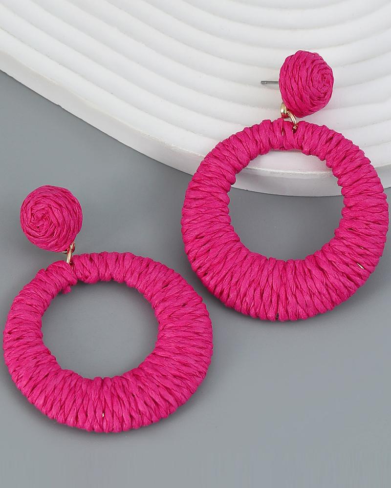 

1Pair Bohemian Braided Straw Hoop Earrings, Hot pink