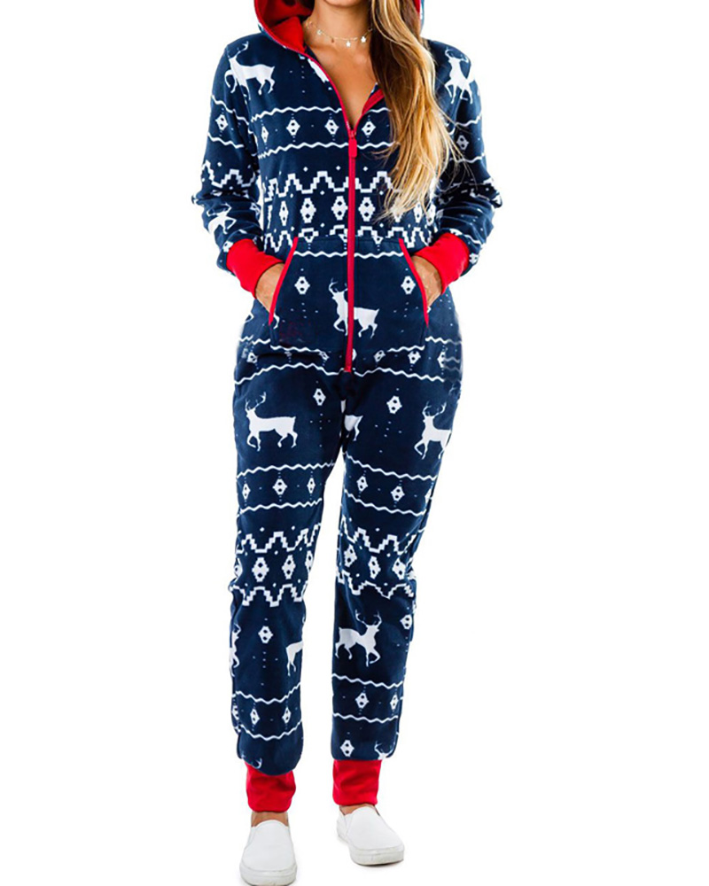 

Christmas Zipper Design Long Sleeve Hooded Lounge Jumpsuit, Dark blue