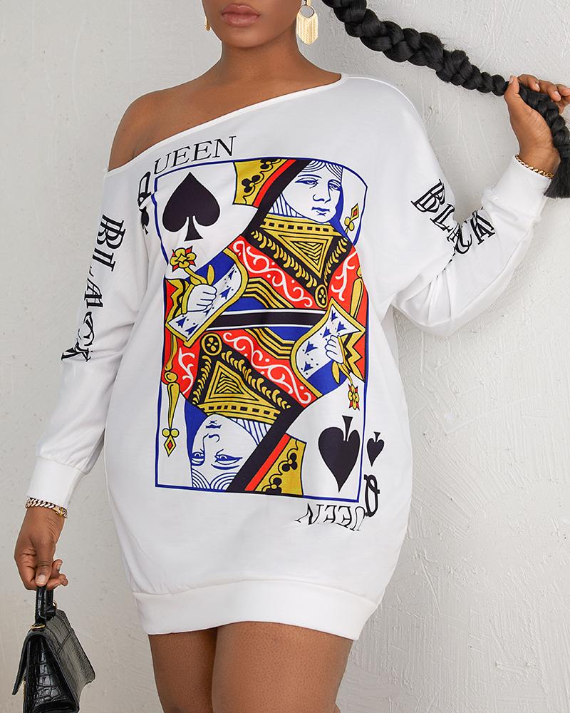 

Plus Size Poker Print Long Sleeve Casual Dress, White