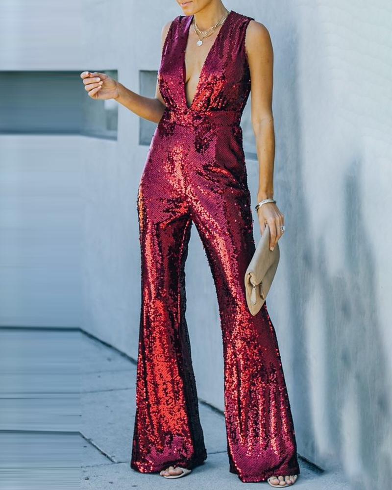 

Allover Sequins Plunge Sleeveless Jumpsuit, Red