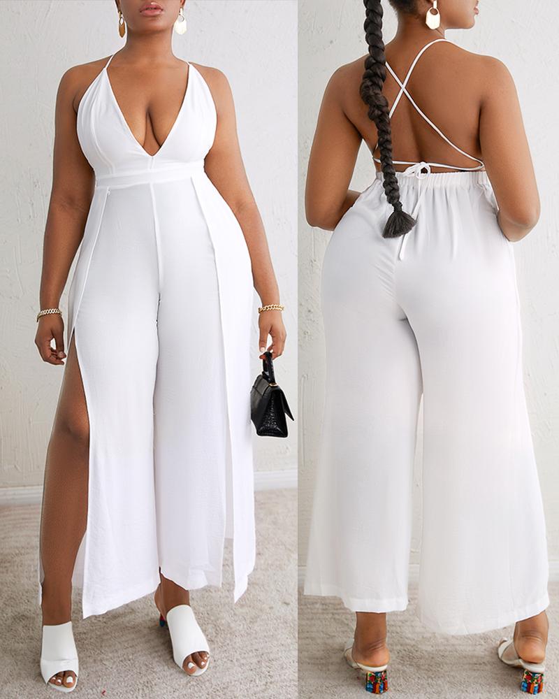 

Crisscross Backless Plunging Neck Jumpsuit, White