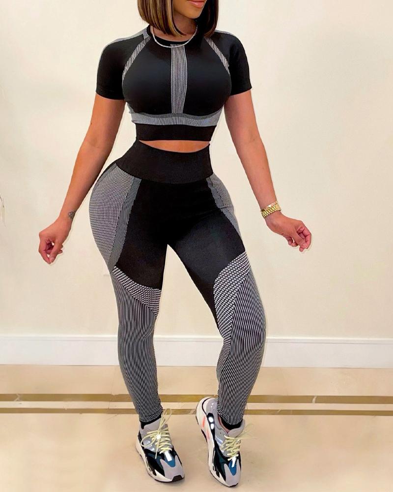 

Colorblock Crop Top & High Waist Skinny Pants Set, Black