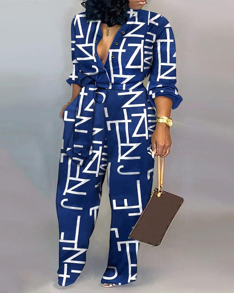 

Plus Size Letter Print Long Sleeve Belted Jumpsuit, Blue