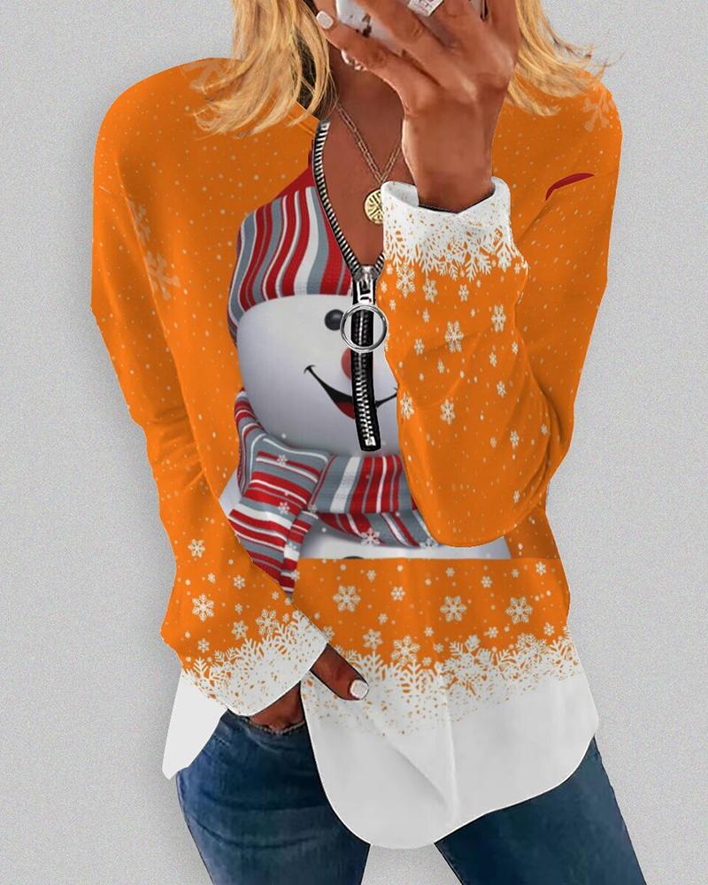 

Christmas Zipper Design Snowman Print Top, Orange