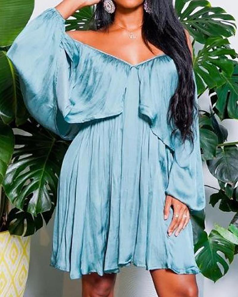 

Off Shoulder Lantern Sleeve Ruched Casual Dress, Light blue