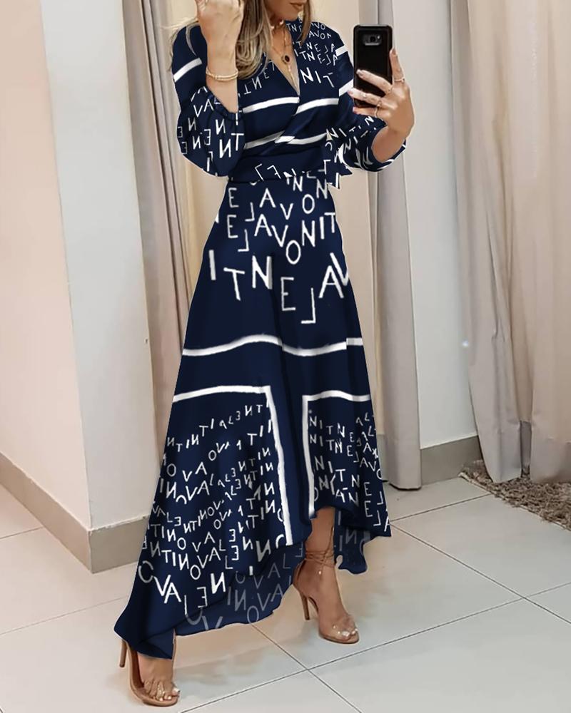 

Letter Print Layered Irregular Maxi Dress, Purplish blue