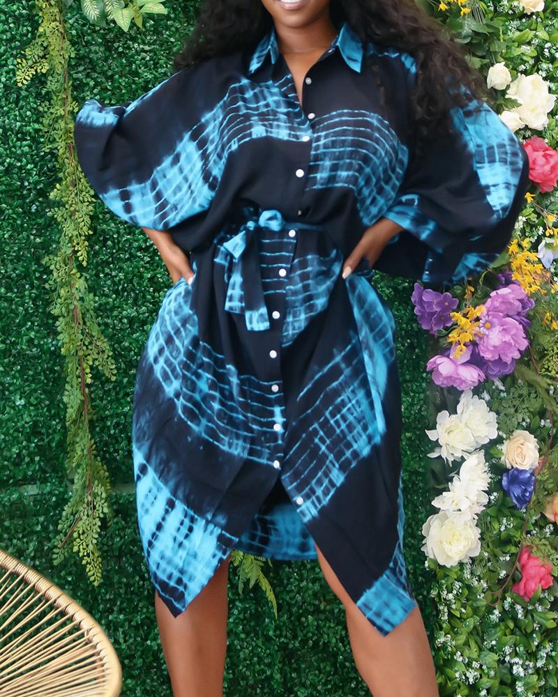 

Tie Dye Batwing Sleeve Button Up Belted Dress, Blue