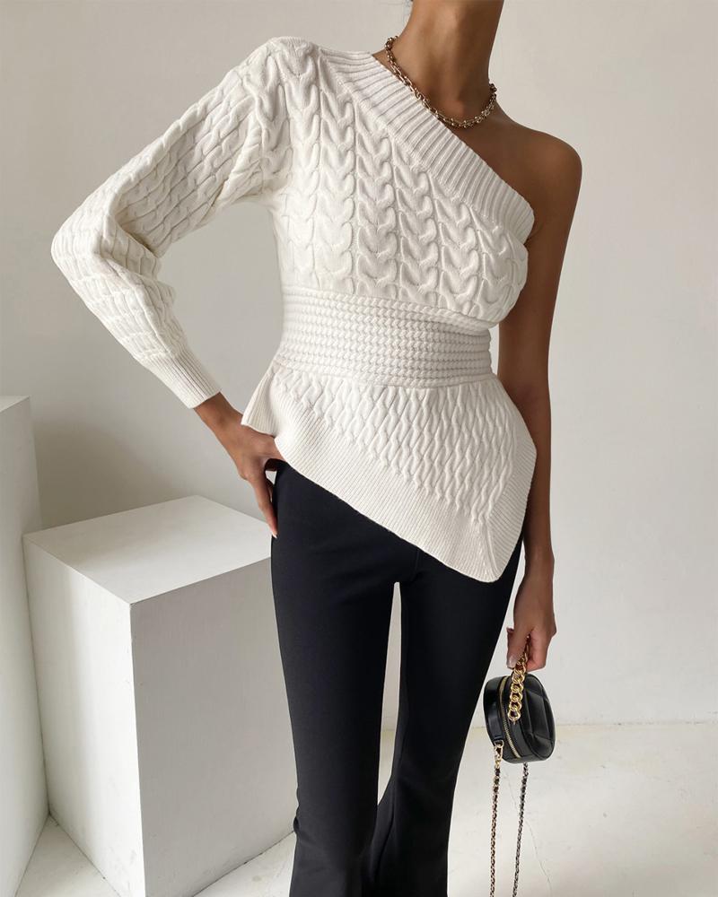 

One Shoulder Cable Knit Asymmetrical Sweater, White