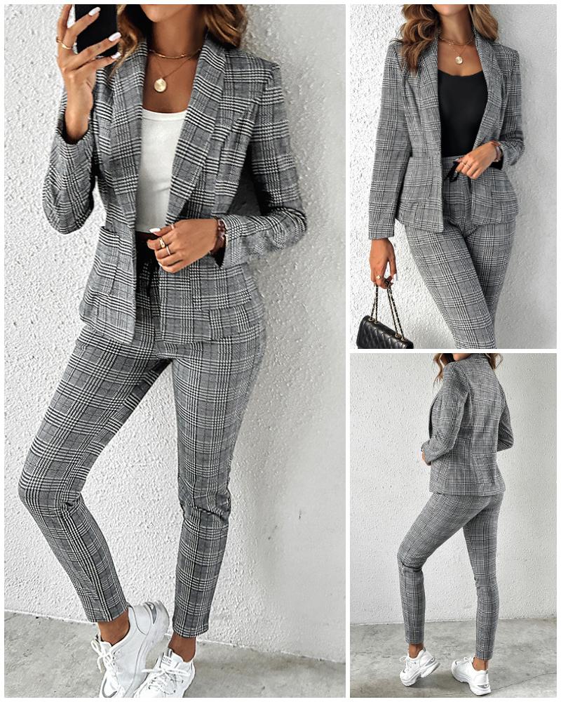

Plaid Print Blazer Coat & Drawstring Pants Set, Light gray