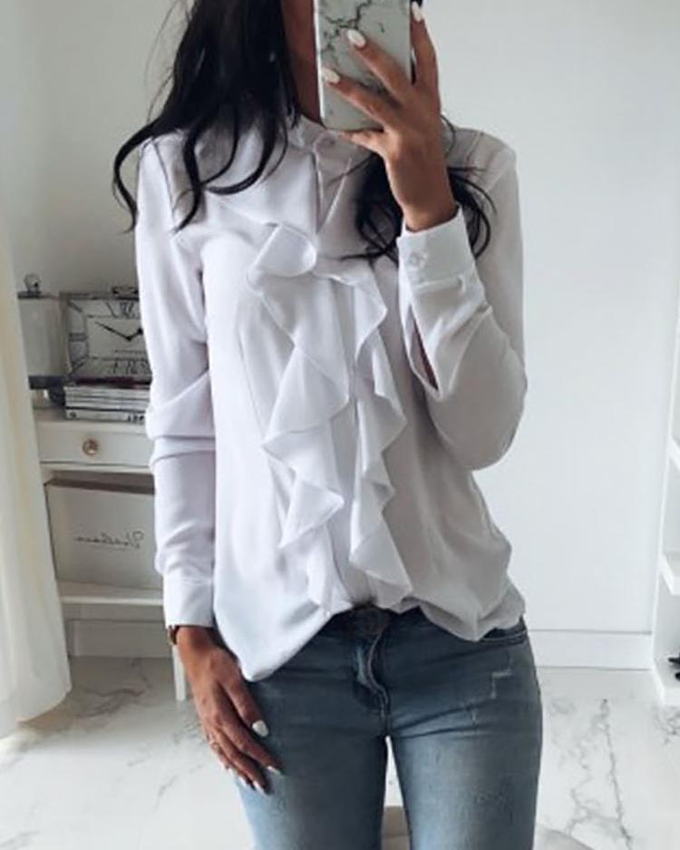 

Solid Ruffles Design Long Sleeve Casual Blouse, White