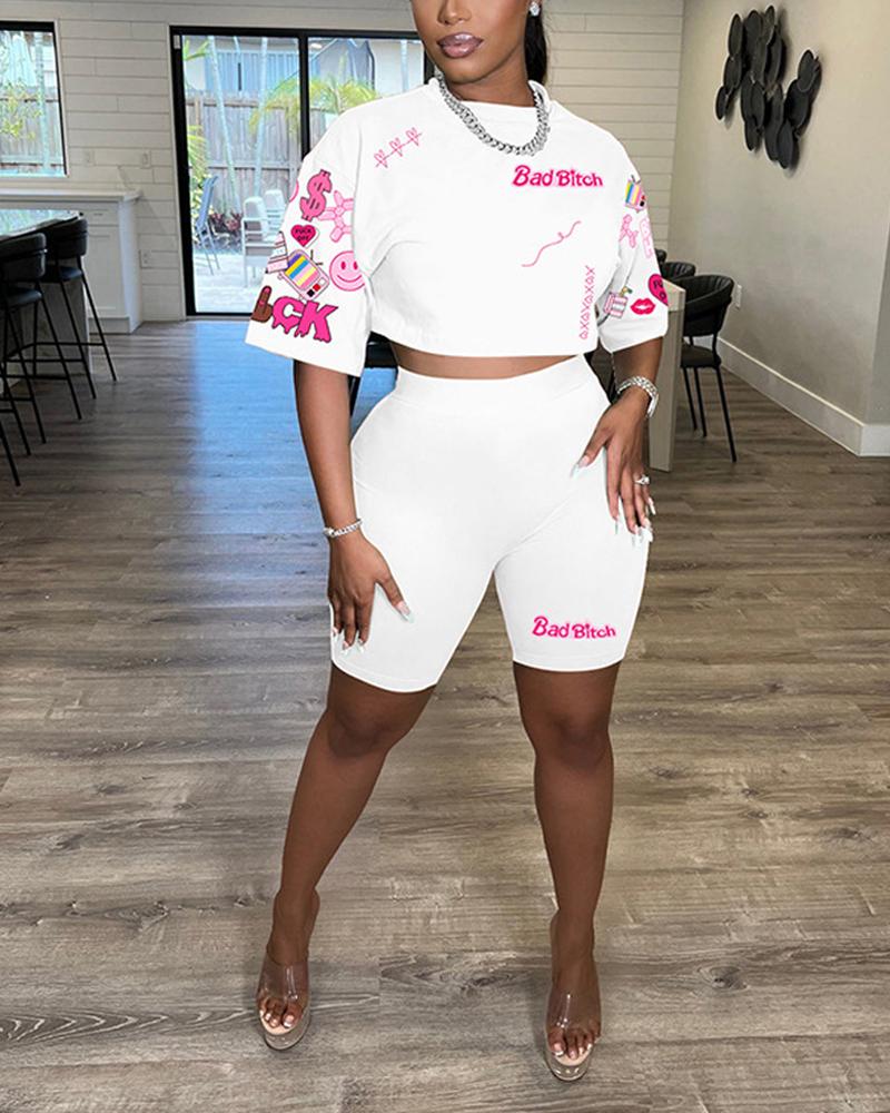 

Cartoon Graphic Letter Pattern Top & Shorts Set, White