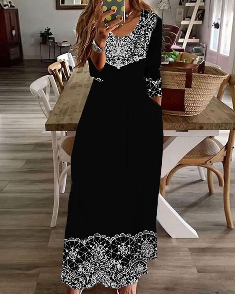 

Tribal Print Long Sleeve Maxi Dress, Black