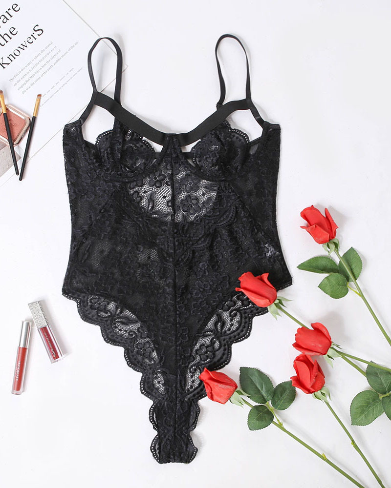 

Cutout Sheer Mesh Lace Teddy, Black
